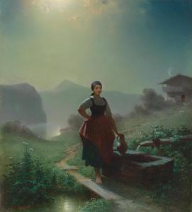 KUTTER Paul 1850,Moonlight above alpine landscape and young farmer ,Palais Dorotheum AT 2014-03-11