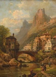KUWASSEG Charles Euphrasie 1838-1904,Figures before an Alpine town,1878,Woolley & Wallis 2024-03-06