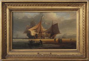 KUWASSEG Karl Josef 1802-1877,Coastal scene with fisherfolk and beached vessel,Keys GB 2020-07-29