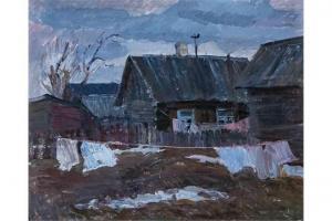 KUZNETSOV Mikhail,Wind. Wäscheleine vor einem Bauernhof,1981,Auktionshaus Dr. Fischer 2015-11-12