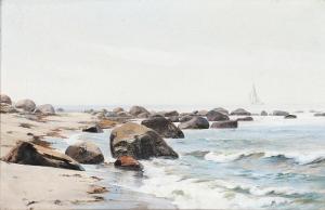 KYHN Vilhelm Peter Karl 1819-1903,View from Hellebæk beach with big rocks, in the h,Bruun Rasmussen 2024-02-26