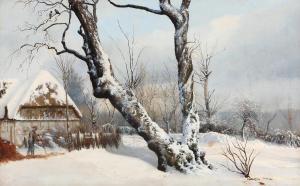 KYHN Vilhelm Peter Karl 1819-1903,Winter scene with a man clearing snow outside a t,Bruun Rasmussen 2024-01-15