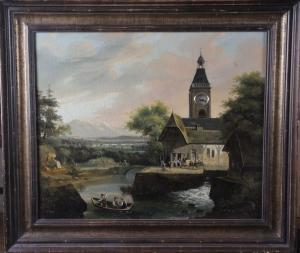 KYMLI Franz Peter Joseph 1748-1813,Taverne et clocher près de la rivière,Osenat FR 2022-07-24
