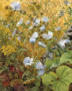 LÖFFLER Emma Augusta 1843-1929,Chicory and common tansy in the edge of a cornf,1910,Bruun Rasmussen 2022-09-20