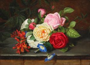 LÖFFLER Emma Augusta,Still life with roses, honeysuckle and bindweed,1897,Bruun Rasmussen 2019-04-29