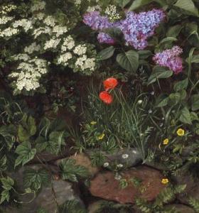 LÖFFLER Emma Augusta 1843-1929,Wild flowers near a stone fence,1873,Bruun Rasmussen DK 2022-03-01