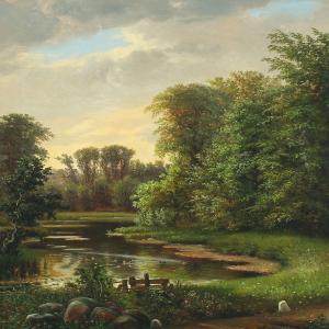 LüTZEN N. A 1828-1890,Scenery from a forest lake with swimming ducks and,Bruun Rasmussen 2014-12-15