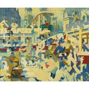 l'hote André 1885-1962,Abstract composition, town scene with a cubist fig,Eastbourne GB 2019-04-13