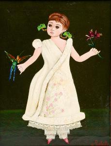 LABIOS Agapito 1898-1996,Big Eyed Girl with Hummingbird and Flower,Burchard US 2021-08-15
