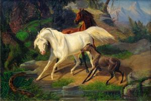 LACHENWITZ F. Sigmund,Wild horses encountering a snake in a wooded alpin,1848,Rosebery's 2018-03-21