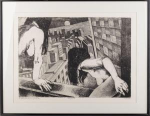 LACKENMACHER Otto,Zwei weibliche Akte vor einer Stadtkulisse den Mon,1975,DAWO Auktionen 2023-07-15