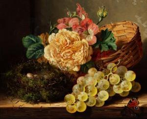 LADELL Edward 1821-1886,Still Life with Bird's Nest, Basket, Roses, Grapes,Hindman US 2018-10-15