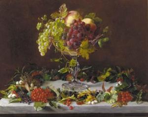 LAESSOE Augusta,Grapes and peaches in a tazza with wild berries on,1878,Christie's 2001-04-05