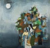 LAHOTI Murli 1945,A RIVERSIDE VILLAGE WITH TWO WOMEN IN THE FOREGROUND,McTear's GB 2013-10-10