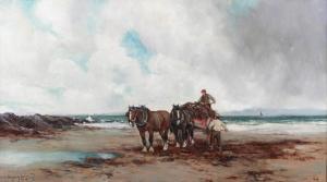 LAING Tomson 1890-1904,Seaweed Gatherers with Horse and Cart on a Beach,Tooveys Auction 2023-09-06