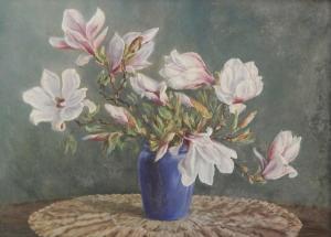 LAKEMAN,Still life of flowers in blue vase on tabletop,1955,The Cotswold Auction Company 2016-02-12
