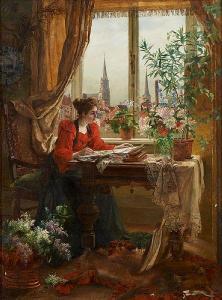 LAMBIOTTE SALKIN Maria 1872-1930,La jeune aquarelliste sur fond de ville,1890,Horta BE 2019-10-14