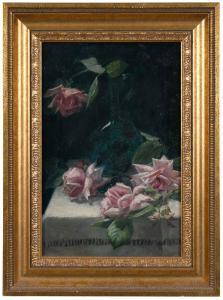LAMPERT COOPER EMMA ESTHER 1855-1920,Pink Roses in a Green Bottle,Brunk Auctions US 2021-07-09
