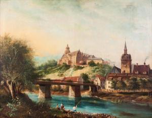 LANDSBERG Otto 1803-1900,PRUSSIAN LANDSCAPE WITH CASTLE AND FISHERMAN,1865,Stephan Welz 2019-07-01