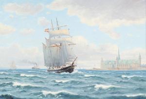 LANDT Frants 1885-1976,Seascape with a schooner off Kronborg Castle,Bruun Rasmussen DK 2024-01-29