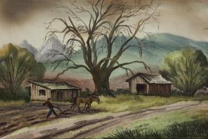 LANDY Art,Farm scene with figure and horses plowing a field,John Moran Auctioneers 2020-10-20