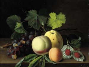 LANG W. A,An apple, peaches, raspberries, plums and grapes on a ledge,Christie's GB 2010-04-28