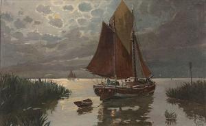 LANGE Willi 1876-1950,Boddenlandschaft mit Segelboot,Kastern DE 2016-03-12