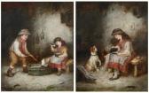 LANGLAIS H.W,Girl with cat and dog. Boy and girl playing with the bellows,Bernaerts BE 2009-10-19