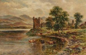 LANGLEY Walter George 1885,Highland cattle watering in a loch with a castle a,Rosebery's 2019-07-17