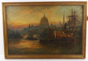 LANGLEY William 1880-1920,a busy scene on the Thames near St Paul's,Burstow and Hewett GB 2023-02-23