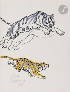 Lapique Charles 1898-1988,Étude de tigre et panthère,1961,Ader FR 2024-03-28