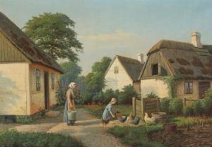 LARSEN Alfred 1886-1942,Farm exterior with a girl feeding chickens,Bruun Rasmussen DK 2022-02-14