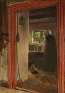 LARSEN Alfred Valdemar 1860-1946,Interior with a woman and chickens,Bruun Rasmussen DK 2017-12-18