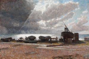 LARSEN Hugo Valdemar,Coastal scenery with fishingboats on the beach,Bruun Rasmussen 2024-02-05