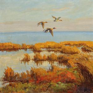 LARSEN Johannes 1867-1961,Coastel scenery withflying Goosanders,1926,Bruun Rasmussen DK 2011-05-02