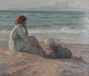 LARSEN Knud Erik,Coastal scenery with the artist's wife and son sit,1911,Bruun Rasmussen 2023-10-09