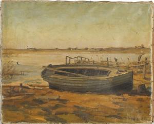 LARSEN Thorvald 1881-1947,Moored boat before a river,Eastbourne GB 2021-04-21