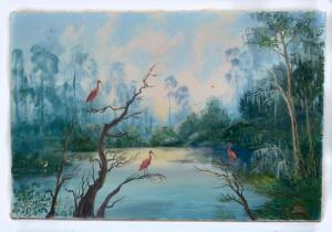 LARSON Carl,Florida River Scene with Flamingos and Herons,Burchard US 2018-09-23