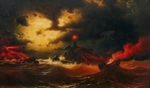 LARSON Marcus 1825-1864,Ångfartyg i brand,Uppsala Auction SE 2022-06-15