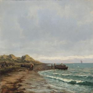 LARSSEN Johann,Coastal view with boats and people on the beach, p,1880,Bruun Rasmussen 2012-04-09