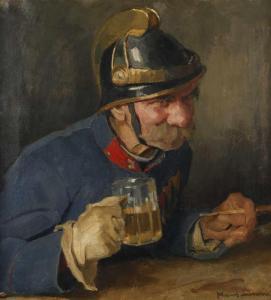 LARWIN Johann 1873-1938,Feuerwehrmann genrehafte Darstellung eines trinken,1920,Mehlis DE 2020-02-27