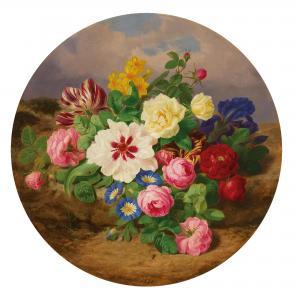 LAUER Josef,A Bouquet of Roses, Tulips and Narcissus on Sandy ,1871,Palais Dorotheum 2022-11-08