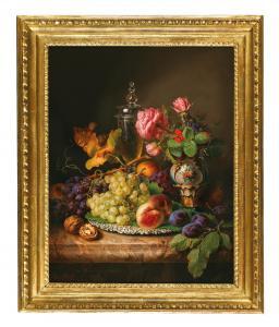 LAUER Josef,Still life with fruit, a glass goblet and roses,1852,Palais Dorotheum 2023-03-23
