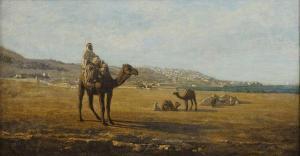 LAURET Emmanuel Joseph,A mounted figure with resting camels, a town in th,Sworders 2023-09-26
