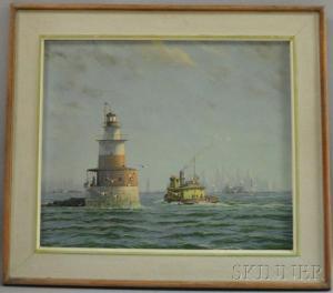 LAWRENCE William Hurd 1866-1938,Robbins Reef Lighthouse, Upper Bay, New York,Skinner US 2012-04-11
