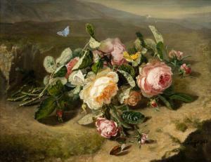 LAYS Jean Pierre,A still life with roses and butterflies in a lands,1861,Venduehuis 2023-05-24