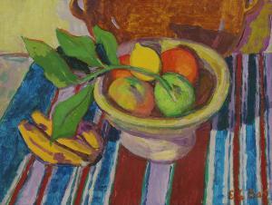 LE BAS Edward 1904-1966,A bowl of fruit on a striped tablecloth,Sworders GB 2023-10-17