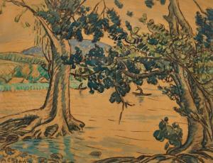 LE BEAU Alcide 1872-1943,Uferlandschaft mit Bäumen,Dobiaschofsky CH 2023-11-08