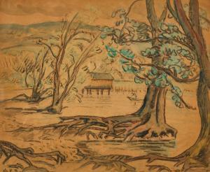 LE BEAU Alcide 1872-1943,Uferpartie mit Bäumen und Haus auf Pfählen,Dobiaschofsky CH 2023-11-08
