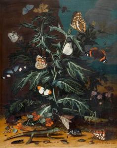 LE BLAN J.R 1700-1700,Still-life with thistle, lizard and insects,1720,Galerie Koller CH 2018-09-28